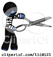 Poster, Art Print Of Blue Thief Man Holding Giant Scissors Cutting Out Something
