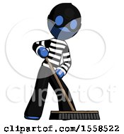 Poster, Art Print Of Blue Thief Man Cleaning Services Janitor Sweeping Floor With Push Broom