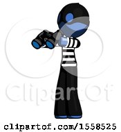 Blue Thief Man Holding Binoculars Ready To Look Left