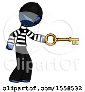 Blue Thief Man With Big Key Of Gold Opening Something