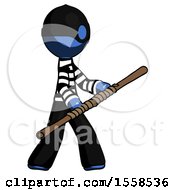 Poster, Art Print Of Blue Thief Man Holding Bo Staff In Sideways Defense Pose