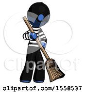 Poster, Art Print Of Blue Thief Man Sweeping Area With Broom