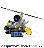 Blue Thief Man Flying In Gyrocopter Front Side Angle Top View