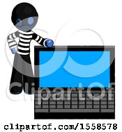 Poster, Art Print Of Blue Thief Man Beside Large Laptop Computer Leaning Against It
