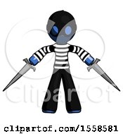 Poster, Art Print Of Blue Thief Man Two Sword Defense Pose