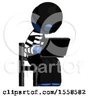 Poster, Art Print Of Blue Thief Man Using Laptop Computer While Sitting In Chair Angled Right