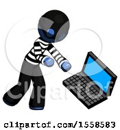 Blue Thief Man Throwing Laptop Computer In Frustration