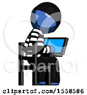 Poster, Art Print Of Blue Thief Man Using Laptop Computer While Sitting In Chair View From Back