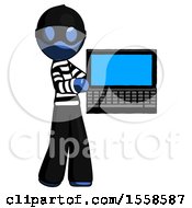 Blue Thief Man Holding Laptop Computer Presenting Something On Screen