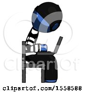 Poster, Art Print Of Blue Thief Man Using Laptop Computer While Sitting In Chair View From Side