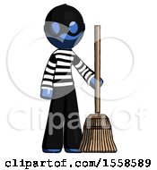 Blue Thief Man Standing With Broom Cleaning Services