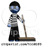 Blue Thief Man Standing With Industrial Broom