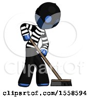 Poster, Art Print Of Blue Thief Man Cleaning Services Janitor Sweeping Side View