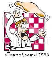 Happy Male Chef In Uniform Hand Tossing Pizza Dough Clipart Illustration by Andy Nortnik