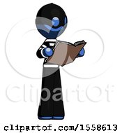 Poster, Art Print Of Blue Thief Man Reading Book While Standing Up Facing Away
