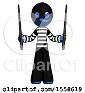 Blue Thief Man Posing With Two Ninja Sword Katanas Up