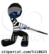 Blue Thief Man With Ninja Sword Katana Slicing Or Striking Something