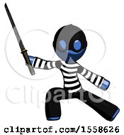 Blue Thief Man With Ninja Sword Katana In Defense Pose