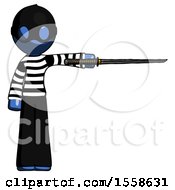 Poster, Art Print Of Blue Thief Man Standing With Ninja Sword Katana Pointing Right
