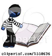 Poster, Art Print Of Blue Thief Man Reading Big Book While Standing Beside It