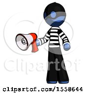 Poster, Art Print Of Blue Thief Man Holding Megaphone Bullhorn Facing Right