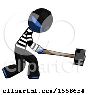 Blue Thief Man Hitting With Sledgehammer Or Smashing Something