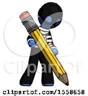 Poster, Art Print Of Blue Thief Man Writing With Large Pencil