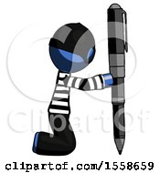 Poster, Art Print Of Blue Thief Man Posing With Giant Pen In Powerful Yet Awkward Manner