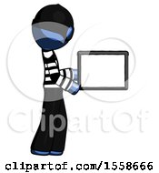Poster, Art Print Of Blue Thief Man Show Tablet Device Computer To Viewer Blank Area