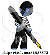 Poster, Art Print Of Blue Thief Man Drawing Or Writing With Large Calligraphy Pen