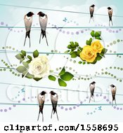 Poster, Art Print Of Swallow Birds On Wires With Roses And Dots