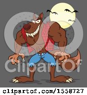 Clipart Of A Muscular Werewolf Under A Full Moon With Bats On Gray Halftone Royalty Free Vector Illustration by Hit Toon
