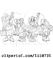 Clipart Of A Lineart Boy Scout Troop And Leader Waving Goodbye Before Backpacking Royalty Free Vector Illustration