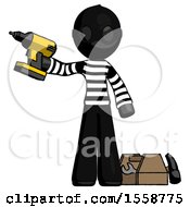 Poster, Art Print Of Black Thief Man Holding Drill Ready To Work Toolchest And Tools To Right