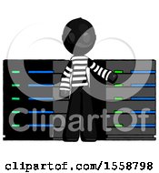 Poster, Art Print Of Black Thief Man With Server Racks In Front Of Two Networked Systems