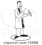 Male Doctor Holding A Pencil And A Notepad Black Outline Over White Clipart Illustration