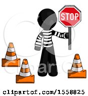 Poster, Art Print Of Black Thief Man Holding Stop Sign By Traffic Cones Under Construction Concept