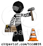 Poster, Art Print Of Black Thief Man Under Construction Concept Traffic Cone And Tools