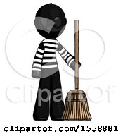 Black Thief Man Standing With Broom Cleaning Services