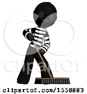 Poster, Art Print Of Black Thief Man Cleaning Services Janitor Sweeping Floor With Push Broom