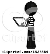 Poster, Art Print Of Black Thief Man Looking At Tablet Device Computer With Back To Viewer