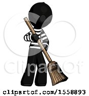Poster, Art Print Of Black Thief Man Sweeping Area With Broom
