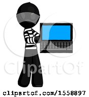 Black Thief Man Holding Laptop Computer Presenting Something On Screen