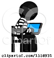 Poster, Art Print Of Black Thief Man Using Laptop Computer While Sitting In Chair View From Back