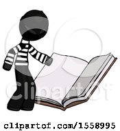 Poster, Art Print Of Black Thief Man Reading Big Book While Standing Beside It