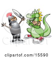 Friendly Girl In A Knights Armour Holding A Sword And Playing A Drama With A Boy In A Dragon Suit Clipart Illustration by Andy Nortnik