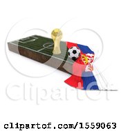 Clipart Of A 3d Soccer Ball Trophy Cup Flag And Pitch On A Shaded Background Royalty Free Illustration