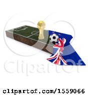 Clipart Of A 3d Soccer Ball Trophy Cup Flag And Pitch On A Shaded Background Royalty Free Illustration