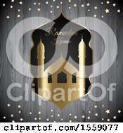 Clipart Of A Ramadan Kareem And Mosque Over Wood With Stars Royalty Free Vector Illustration