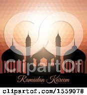Clipart Of A Ramadan Kareem And Mosque Over An Orange Geometric Background Royalty Free Vector Illustration